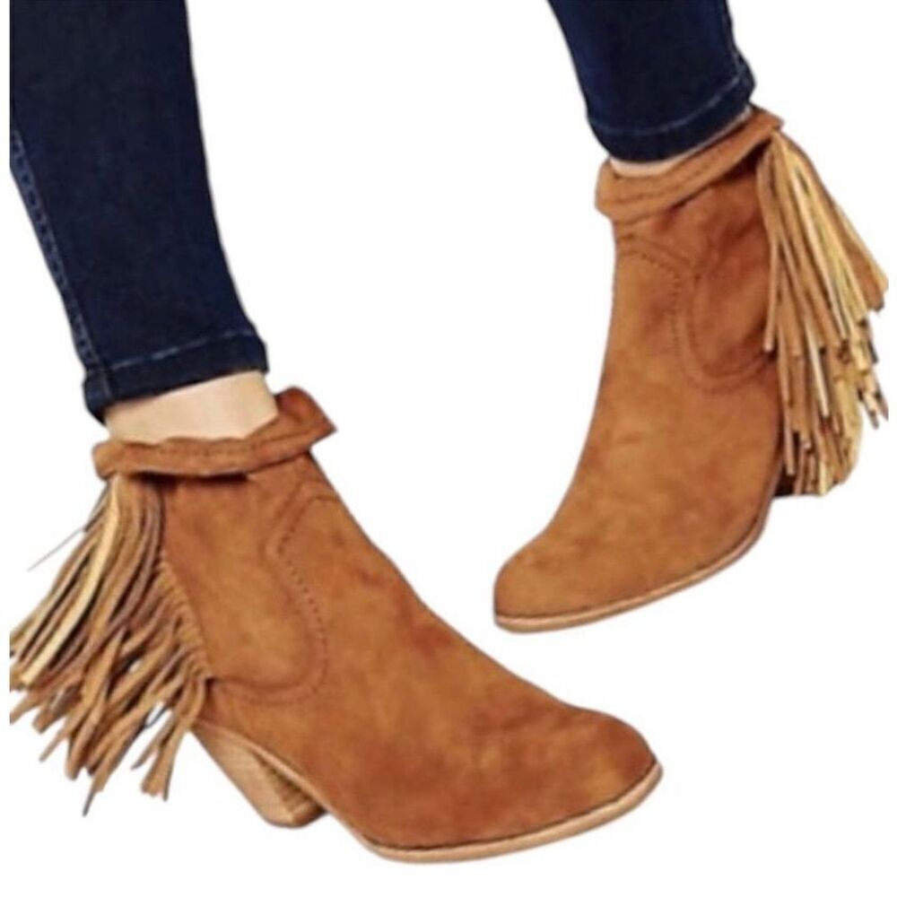 Sam Edelman LOUIE Women’s Brown Suede Leather Fringe Ankle Festival Booties 6.5